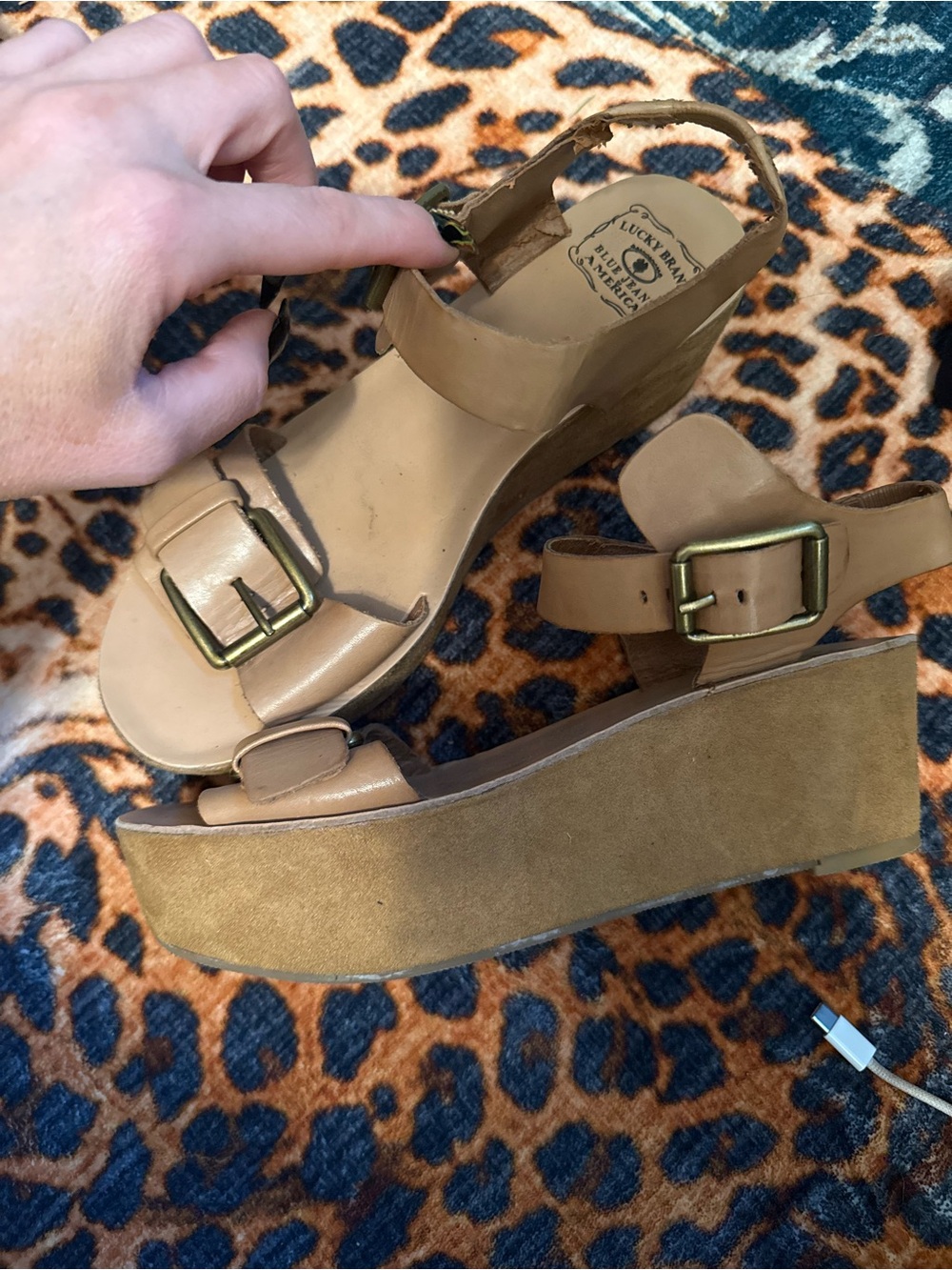 Lucky Brand Tan Chunky Suede Platform Wedge Sandals with Buckles